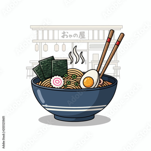 A Pixel Art Bowl of Ramen Noodles with Egg and Seaweed in Front of a Japanese Restaurant