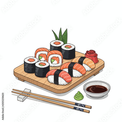 Assorted Sushi Platter With Salmon Nigiri And Maki Rolls On Wooden Board With Chopsticks And Soy Sauce