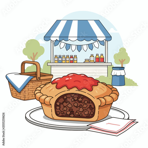 A Savory Meat Pie Sits Ready for Serving at an Outdoor Food Stall with Picnic Basket Nearby
