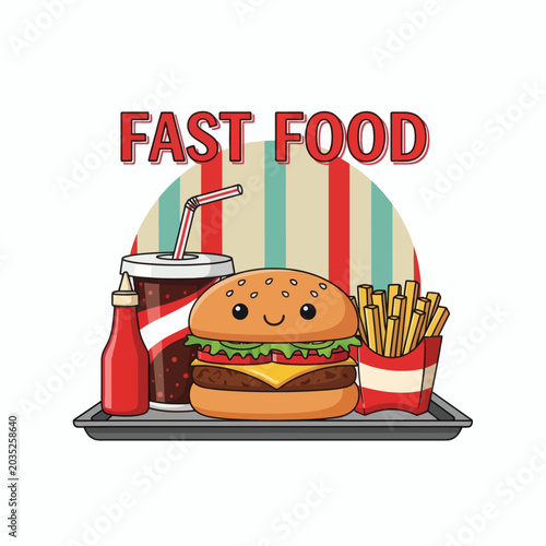 Cartoon Fast Food Hamburger French Fries and Soda With Ketchup Bottle On Tray And Striped Background
