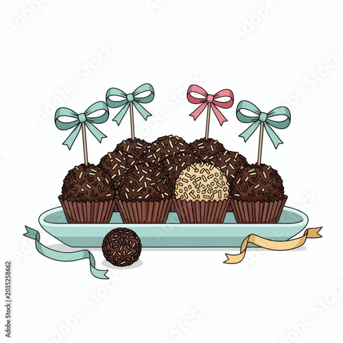 Assortment of Chocolate Brigadeiros With Sprinkles Decorated With Bows On A Plate With Ribbons