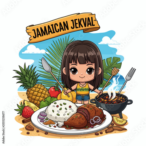 Chibi Girl Enjoying Delicious Jamaican Food On A Tropical Beach With Palm Tree And Ocean View