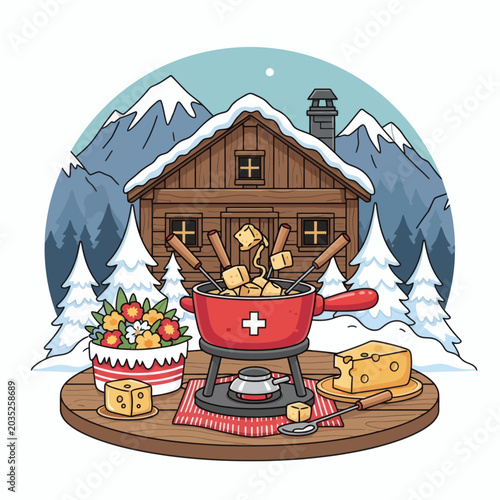 Cozy Alpine Cabin Scene With Delicious Cheese Fondue And Snowy Mountains
