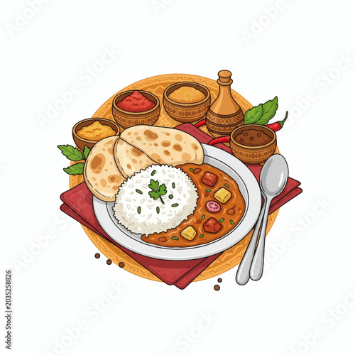 Flavorful Indian Curry With Rice And Naan Bread Served With Spices