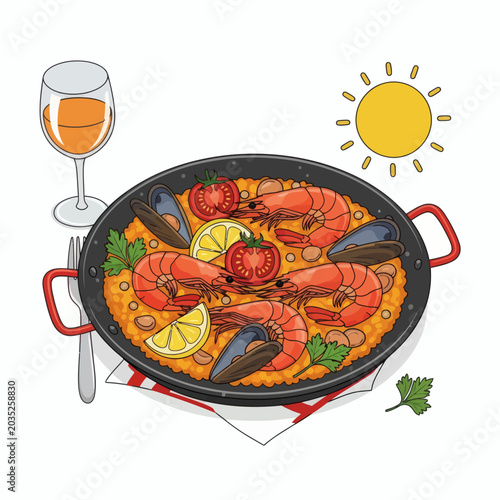 Delicious Seafood Paella Dish With Shrimp Mussels Tomatoes And Lemon Slices Served With White Wine And Parsley On A White Background And Bright Sun Illustration