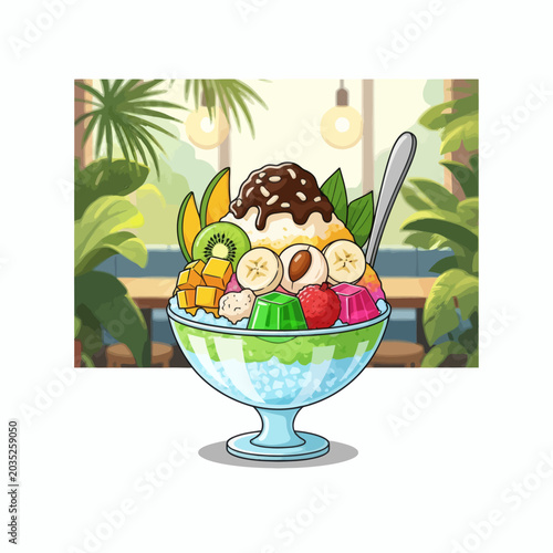 Pixel Art Dessert Bowl Full Of Fruit Ice Cream Toppings And Jelly In A Tropical Cafe Setting