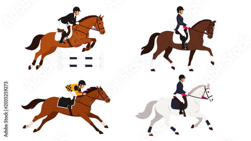 Foto Set of horse riders on horses in equestrian competition
