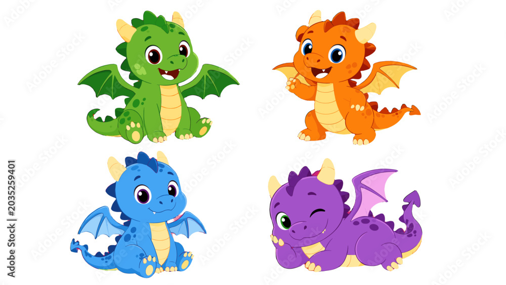 Fototapeta premium Cute cartoon baby dragons set in colorful fantasy style