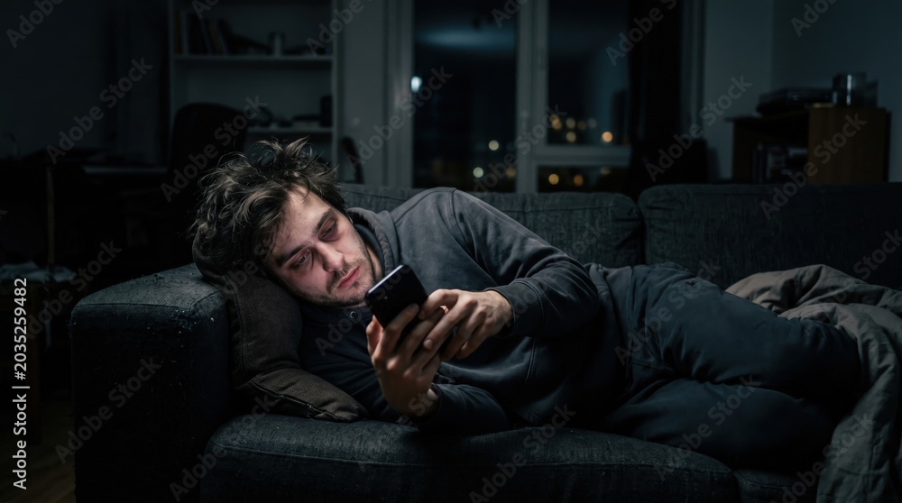 Obraz premium Young man relaxes on couch at night, using smartphone in dimly lit living room interior