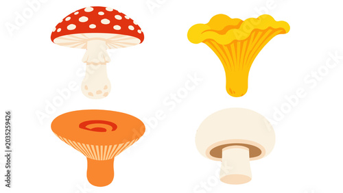 Foto Cartoon mushroom set with fly agaric, chanterelle and button