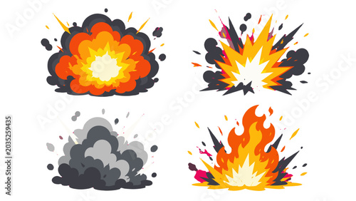 Photography Cartoon explosion and fire blast effects set on white background