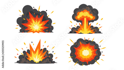 Foto Cartoon explosion set with fire bursts and smoke clouds