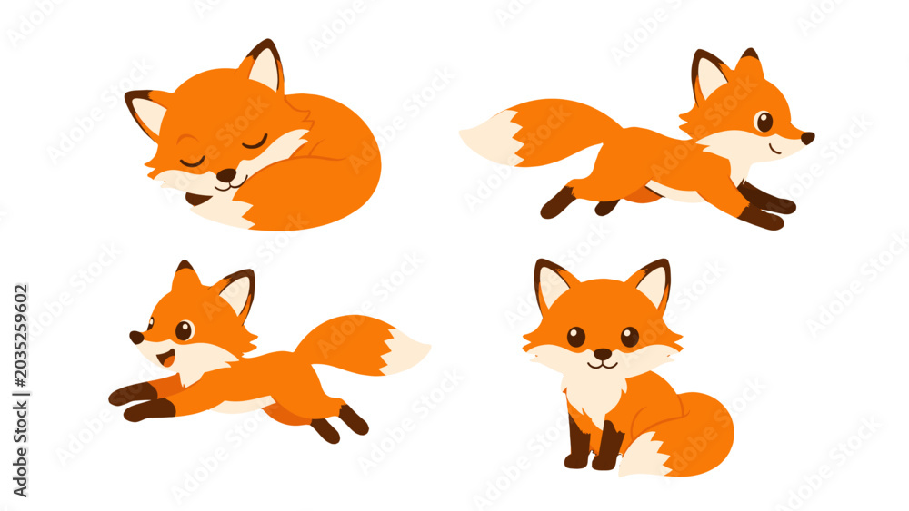 Fototapeta premium Cute cartoon fox characters in four different poses set