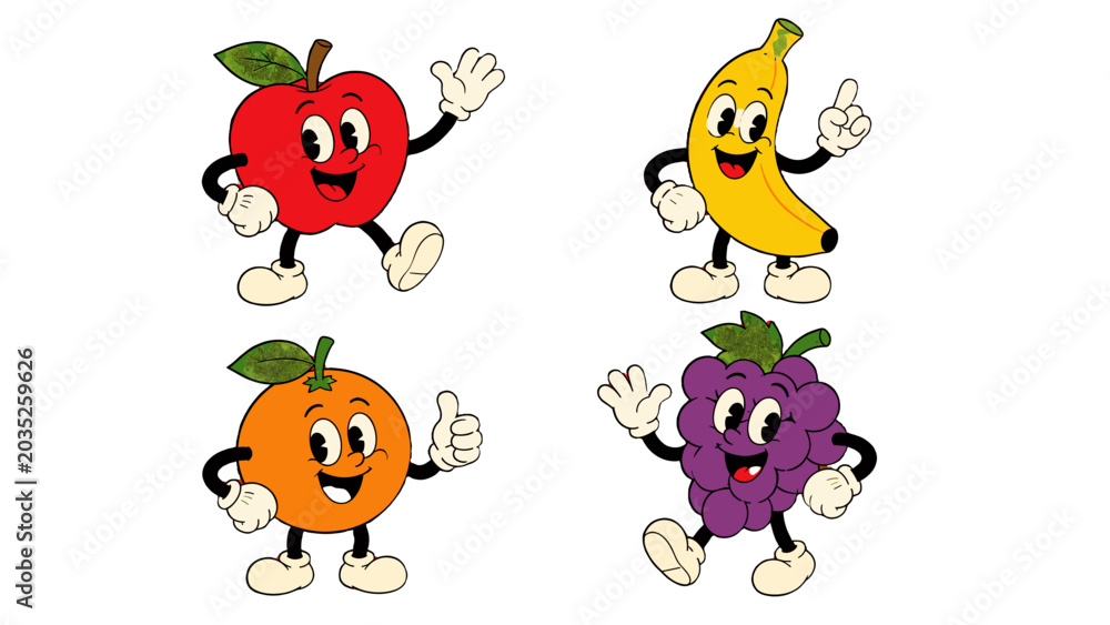 Fototapeta premium Cartoon fruit characters set with apple banana orange and grapes