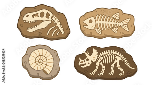 Cuadro en lienzo Cartoon fossil set with dinosaur skull fish skeleton and ammonite