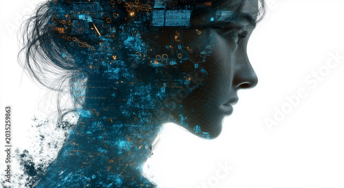 A stylized depiction of a women head in profile, oriented towards the right, on a bright white backdrop. the brain area within the head is replaced by an intricate network of luminous blue and gray.