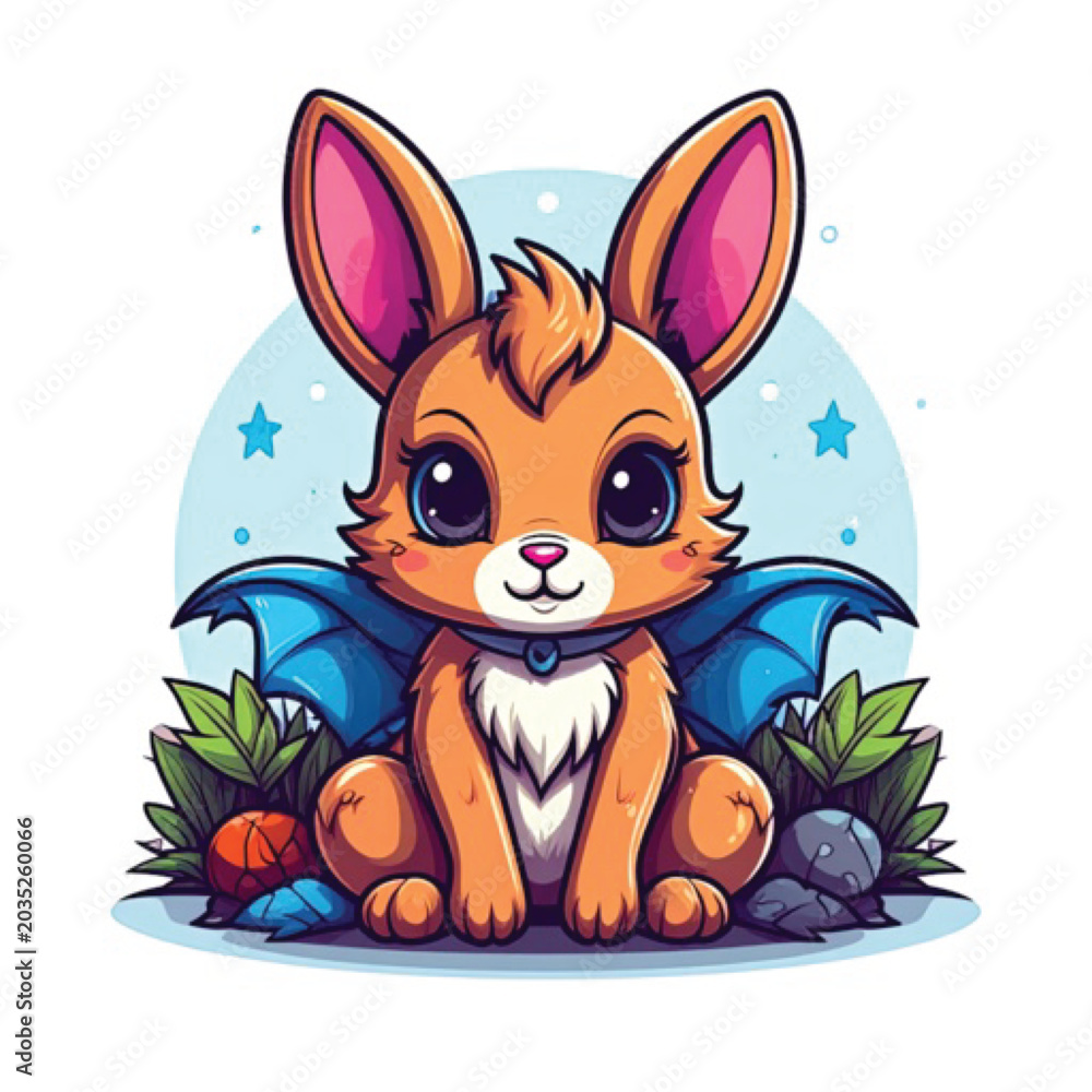 Obraz premium Cute Cartoon Bat Rabbit Creature Sitting.