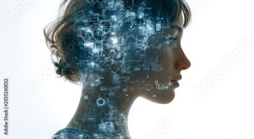 A stylized depiction of a women head in profile, oriented towards the right, on a bright white backdrop. the brain area within the head is replaced by an intricate network of luminous blue and gray.