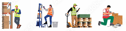 Photography Set of warehouse workers characters performing logistics and inventory tasks such as scanning barcodes, managing stock, and moving freight on white background