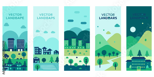 Photos Vector Landscape Banners Five Vertical Panels In Teal And Green