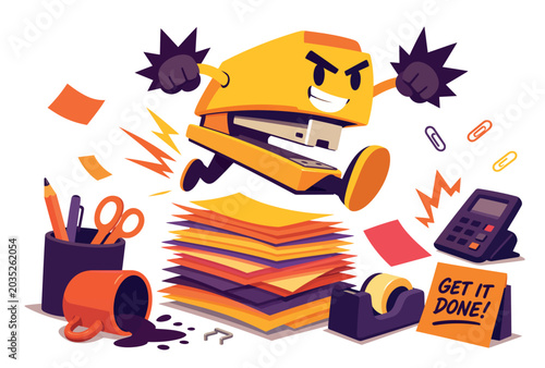 Fotografie Cartoon angry yellow robot office.