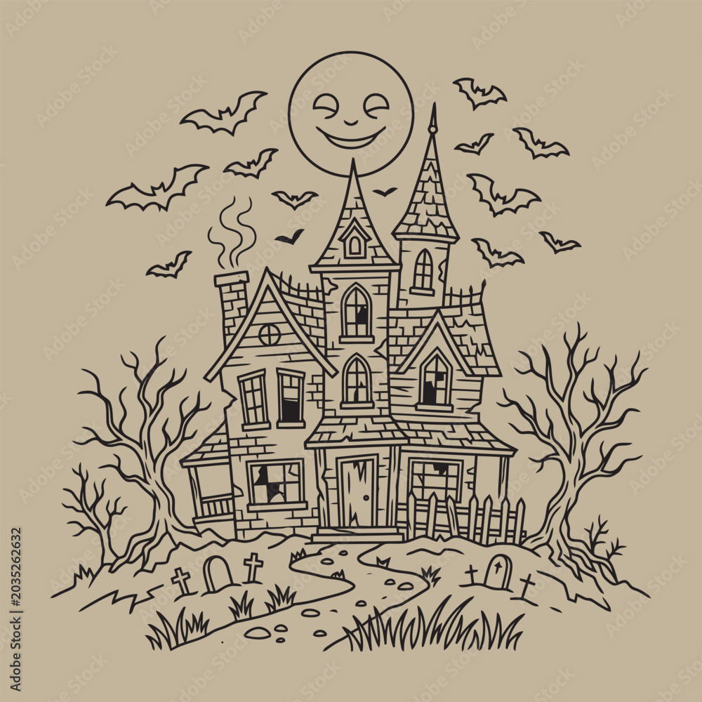 Naklejka premium Spooky haunted house illustration with bats flying under smiling moon in cemetery landscape line art.