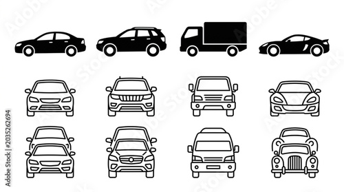 Tablou pe pânză Collection of Various Vehicle Silhouettes and Line Drawings.