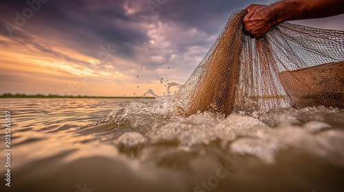 Team of Fishermen Hauling Net from Sea Shore