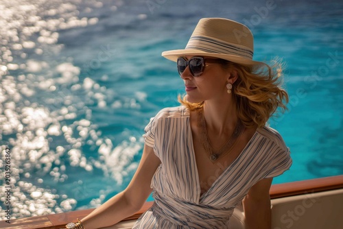 Elegant woman relaxing on luxury yacht at sea