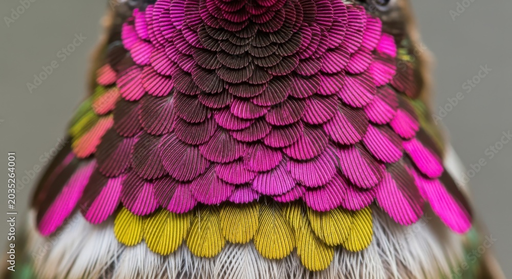 Fototapeta premium Macro Close-up of Iridescent Pink and Yellow Hummingbird Feathers Showing Intricate Texture and Vibrant Colors