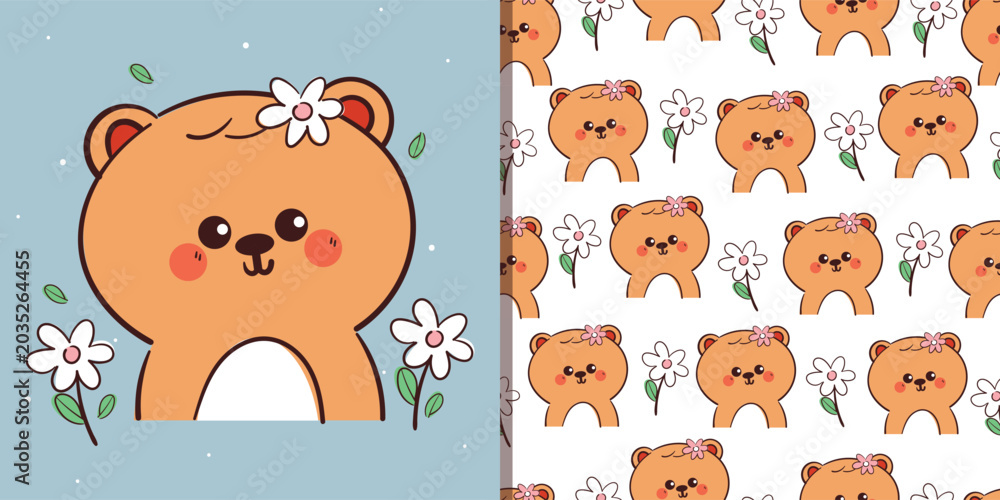Obraz premium cute card and pattern with hand drawn cartoon bear with floral for spring card and wallpaper