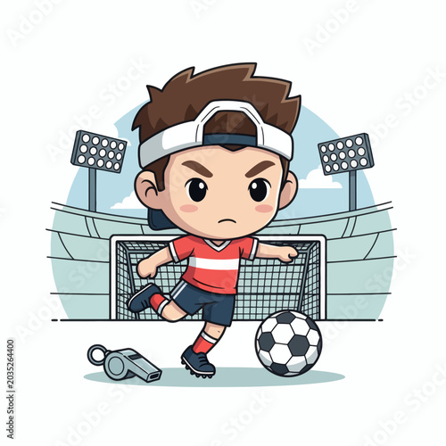 Chibi Soccer Player Kicking Ball Stadium Lights Blue Sky Background Cartoon Style