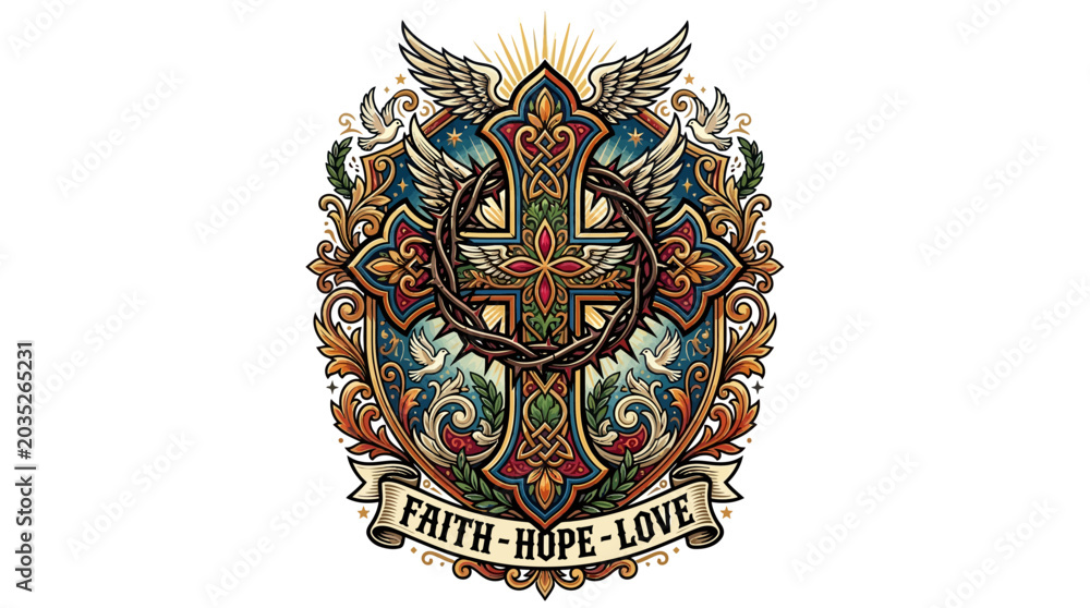 Fototapeta premium Vibrant Tattoo Design Cross with Wings and Floral Patterns Symbolizing Faith Hope Love