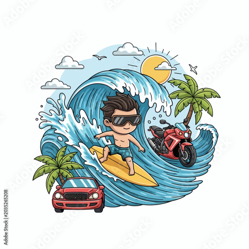 Surfer Rides Ocean Wave Near Palm Trees Red Car And Motorcycle Sunny Day