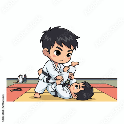 Two Young Boys Sparring in a Martial Arts Dojo Wearing White Gi Uniforms