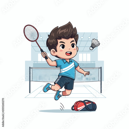 Young Badminton Player in Blue Shirt Jumps to Serve Shuttlecock on Court