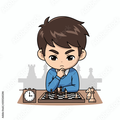Young Boy Deep In Thought Playing Chess With Timer And Knight Piece On White Background