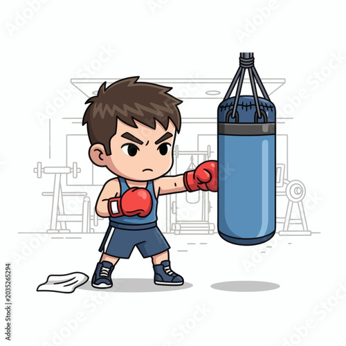 Young Boxer Training With Punching Bag In Gym