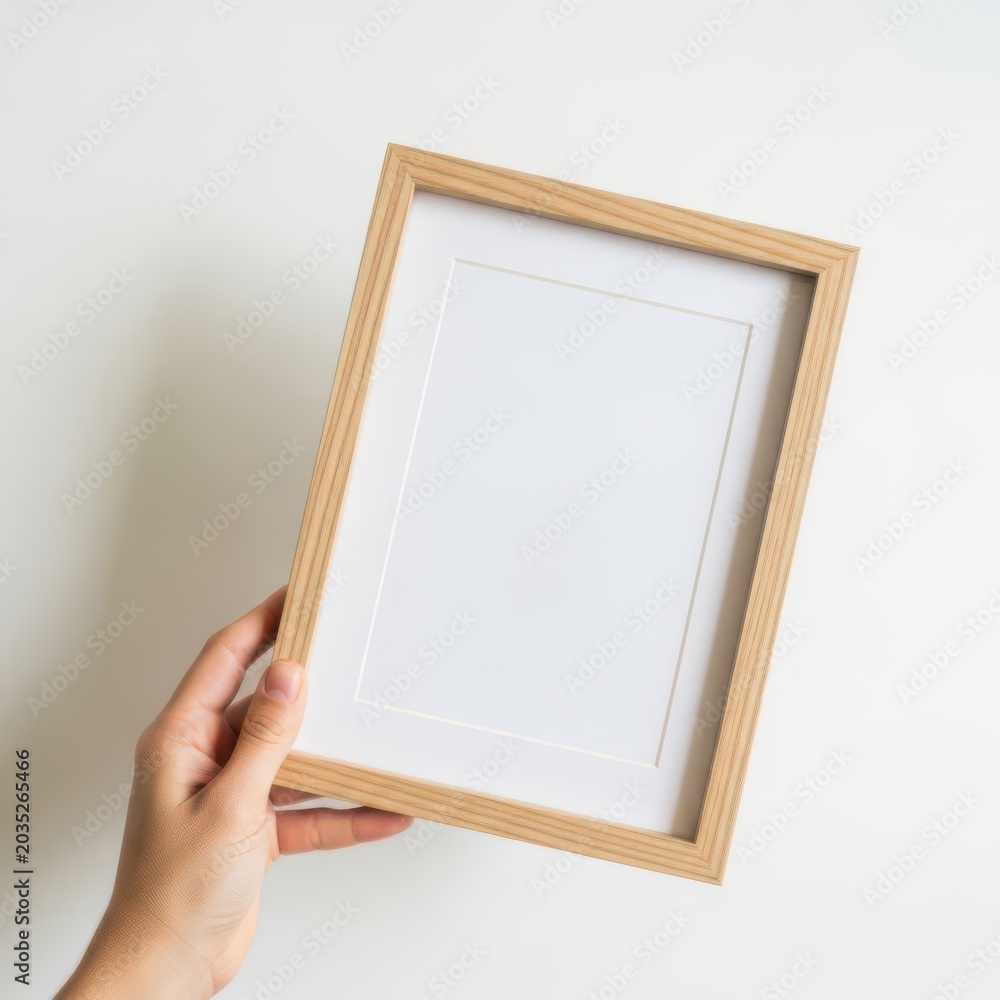Fototapeta premium Woman hand holding a wooden picture frame for mockup presentation