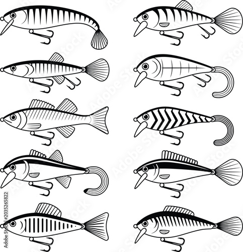 Foto Set of fishing lures, vector icons of wobblers and crankbaits for predatory fish