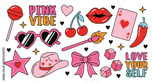 Foto Retro pink vibe sticker set, vintage aesthetic y2k patches with heart sunglasses