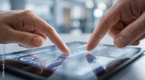 Digital transformation concept with business team hands touching tablet screen displaying financial data and growth charts