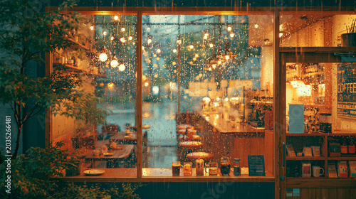 雨の日の窓越しに見る温かみのあるカフェの風景