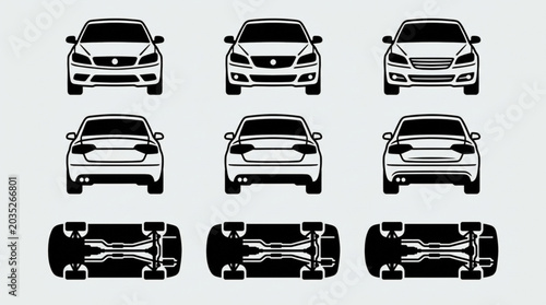 Foto Collection of car outlines viewed from front rear and bottom.