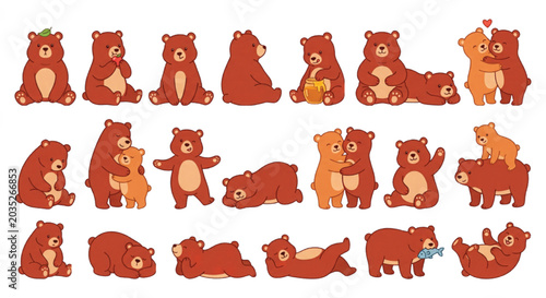 Canvastavla Cute brown bear character set, 20 cartoon grizzly bear illustrations in various