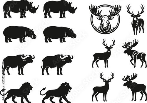 Bild auf Leinwand Wild animal silhouettes and mascot logos vector collection with rhinoceros hippo