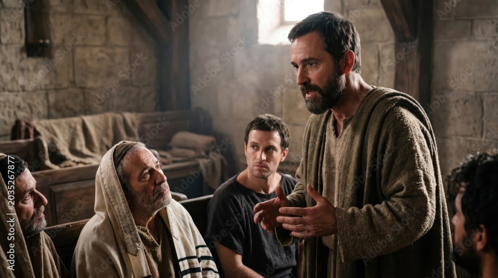 Fototapeta premium Apostle Paul preaching in early Christian synagogue. Historical religious scene showing man teaching group of people about faith. Biblical narrative inspired by Acts of the Apostles.