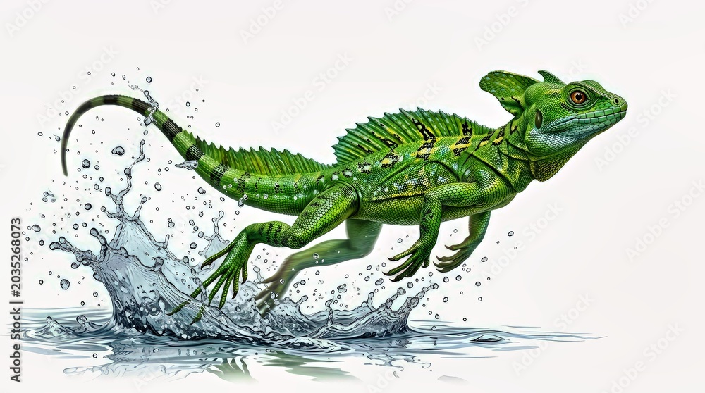 Fototapeta premium Dynamic Green Iguana Jumping Through Water Splash – Stock Photo