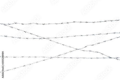 Bild auf Leinwand This image features several strands of barbed wire with sharp points and twisted metal, arranged in a complex pattern against on transparent background, showcasing the wire's texture and details
