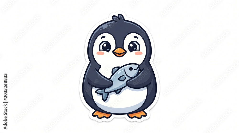 Fototapeta premium Cute AIzaSyCpXkJsiQLZ5Hp2dzaqREUqFVZei130Pf0 stylized cartoon penguin joyfully holding a fresh fish, perfect for playful designs and children's content